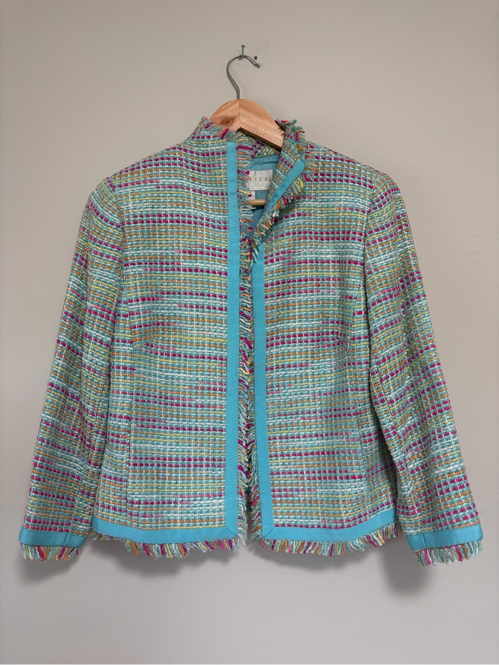 Doncaster Aqua Multi Tweed Blazer with Fringe Trim